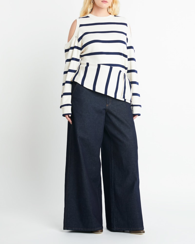 Front of a model wearing a size 1X Mabel Top in CREAM/MARITIME BLUE by Tanya Taylor. | dia_product_style_image_id:283281